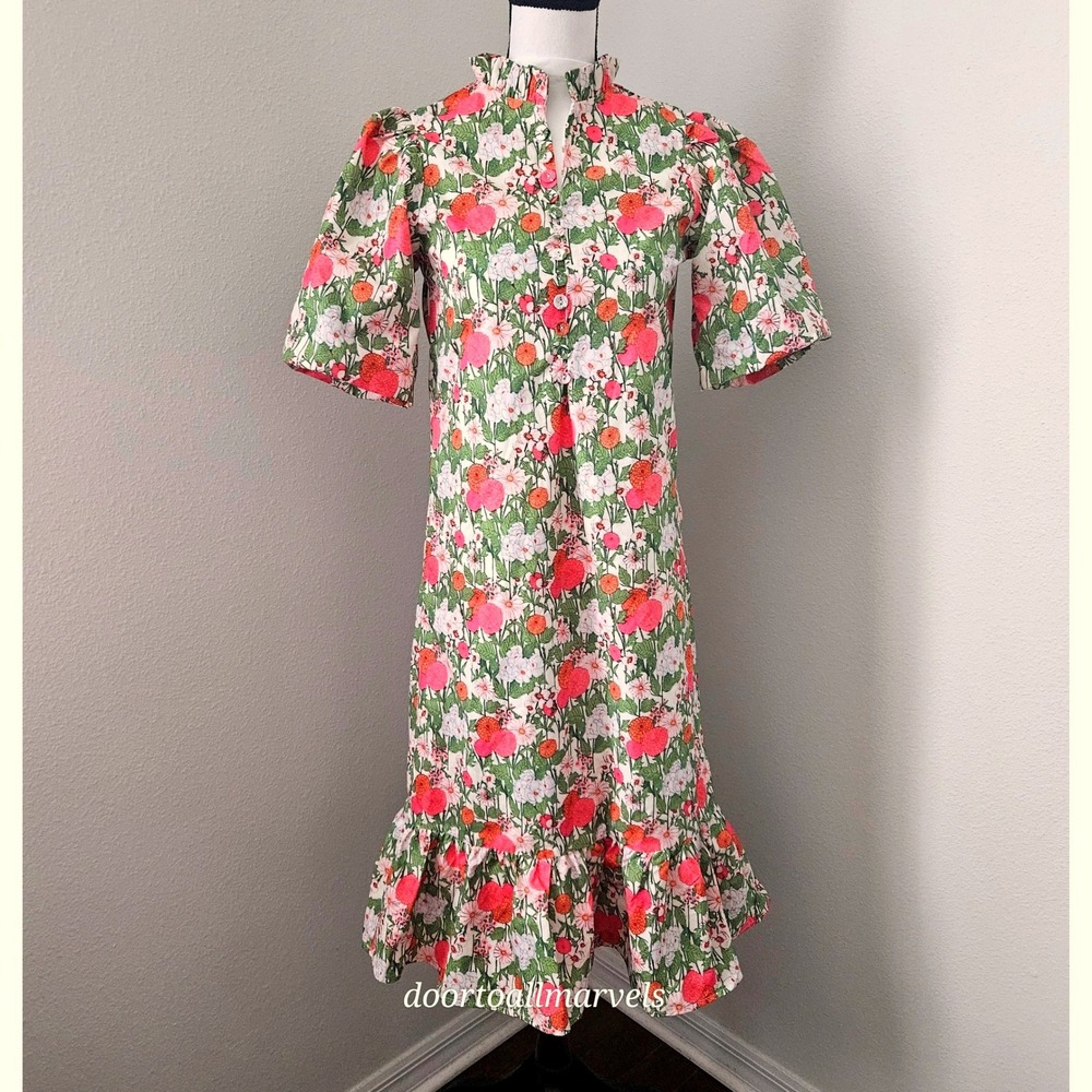 Multi Green‎ Midi Dress Begonia Floral Puff Sleeve sz Small Cottage Prairie